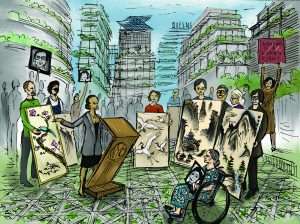 The Mayor announced the Making Space for Neighbors program in honor of Hongsheng Leng’s family. Drawing byNoah Fischer. Color By Katherine Domínguez